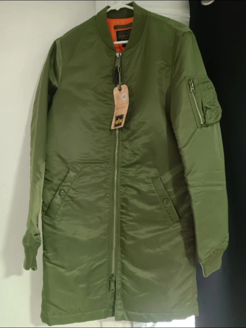 New XS ALPHA INDUSTRIES Men's Olive Green Long Bomber Jacket with Orange Lining